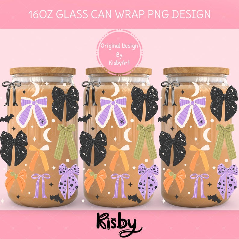 Spooky season iced coffee glass wrap with coquette bows and Halloween elements, printable PNG design for 16oz glass can