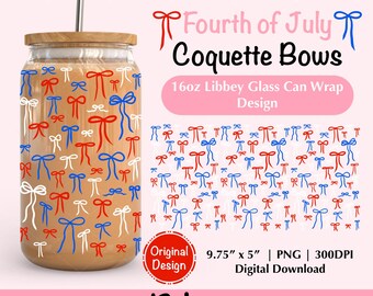 Coquette 4th of July Bow PNG Wrap Design for 16oz Libbey Glass Can Red White Blue Bows Tumbler Wrap Cute Girly American Png Independence Day