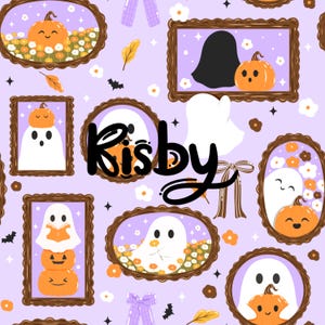 May include: A repeating pattern featuring framed illustrations of ghosts and pumpkins on a lavender background. The word "Kisby" is written in a stylized font. Decorative elements include flowers, bats, and bows, creating a festive Halloween theme.