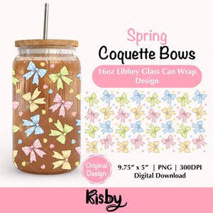 Design PNG per lattina di vetro Libbey Spring Bow Daisy da 16 once, Tumbler Wrap con fiocco Pastel Coquette, Lattina di vetro Girly in formato PNG, Download digitale
