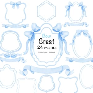 Blue Coquette Ribbon Bow Crest Frames Clipart: Wedding Monogram PNG (Digital Download)
