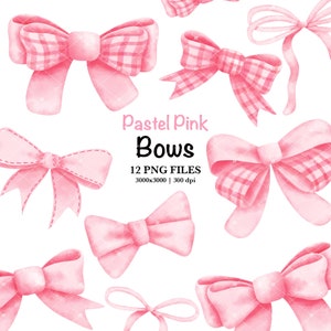 Pastel Pink Watercolor Bows Clipart, Coquette Ribbon Bow, Pink Bow Clipart, Girly Clipart, Hairbow Clipart, Valentine Bow