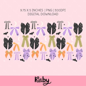 Spooky coquette bows glass can wrap with moons, bats, and stars for Halloween sublimation printing