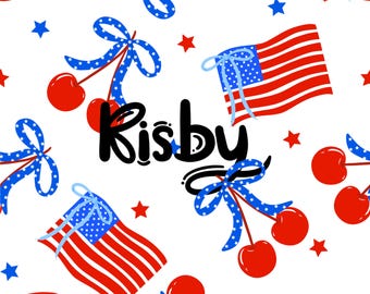 Fourth of July Seamless Pattern: Coquette Cherry Bows & American Flags Digital Paper