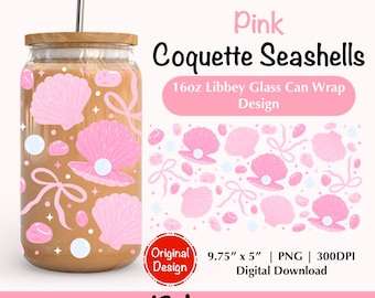 Pink Coquette Seashells 16Oz Libbey Glass Can Wrap PNG Coquette Coastal Bow Tumbler Design Girly Beach Summer Sublimation UV DTF Wrap