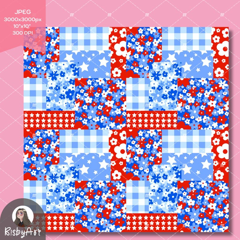 red white and blue patchwork with daisies and stars for patriotic fabric