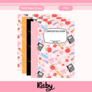 Peut inclure: Une pile de cahiers de composition avec une couverture rose ornée d'un motif de pommes, de crayons, de fleurs et de cœurs. Les cahiers portent l'inscription « COMPOSITION BOOK » et « 100 Sheets=200 Pages Wide Ruled ». L'image contient également le texte « 100% Hand Drawn » et « PNG ».