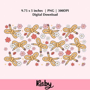 Back to school pencil bow wrap with floral elements for iced coffee glass cup, digital download PNG.