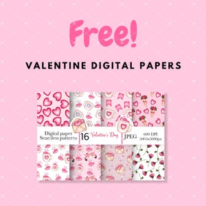 May include: A set of 16 Valentine's Day digital papers featuring seamless patterns with hearts, mugs, envelopes, and flowers. The papers are 600 DPI and measure 5000x5000 pixels.