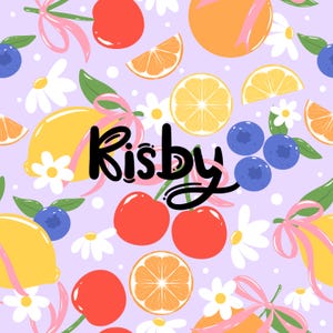 May include: A purple background with a repeating pattern of lemons, cherries, blueberries, daisies, and pink ribbons. The text "Kisby" is written in black cursive.