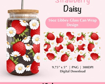 Envoltura para lata de vidrio Libbey de 16 oz con diseño de margaritas de fresa (PNG), envoltura para lata de cerveza con diseños DTF UV de mini margaritas, envoltura para taza de primavera y verano (PNG)