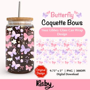 Butterfly Coquette 16Oz Libbey Glass Can Wrap PNG Design, Butterfly Floral Cup Wrap, Pastel Spring Bows Iced Coffee Glass Cup, Mother’s Day