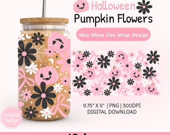 Pink Halloween Pumpkin Flowers Glass Can Wrap 16oz PNG, Coquette Halloween Bows Iced Coffee Cup Wrap, Spooky Season Png, Fall Tumbler Design