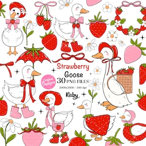 Silly Goose Clipart Strawberry Goose Clipart Cute Groovy Summer Goose Clipart Spring Goose Png Coquette Strawberry Daisy Flower Coquette Bow