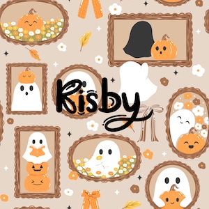 Peut inclure: Motif répété avec des illustrations encadrées de fantômes et de citrouilles sur le thème d'Halloween. Les cadres sont bruns et le fond est de couleur beige clair. Le mot "Kisby" est écrit en script noir.