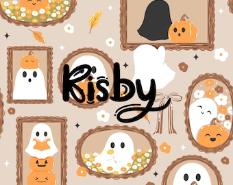 Spooky Ghost Pumpkin Portrait Seamless Pattern Cute Halloween Frames Surface Pattern Cozy Fall Stamps Digital Paper Designs PNG