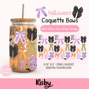 Halloween coquette bow design PNG cup wrap for 16oz glass can, features spooky bows, bats, moons, and stars for iced coffee lovers, Halloween party tumbler designs