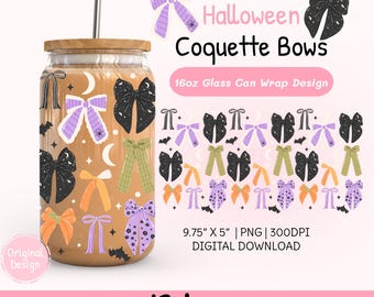 Halloween Coquette Bows 16oz Glass Can Wrap PNG, Spooky Fall Tumbler Design