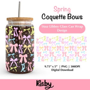 Spring Bows 16oz Libbey Glass Can Wrap PNG Design, Pastel Coquette Ribbon Bow Beer Glass Can Uv Dtf Designs, Digital Download