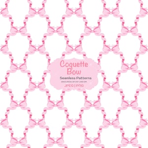 Può includere: Uno schema senza cuciture con fiocchi rosa ad acquerello su uno sfondo bianco. Lo schema è intitolato "Coquette Bow" e include il testo "Seamless Patterns 3000x3000 | 10"x10" | 300 DPI JPEG | PNG".