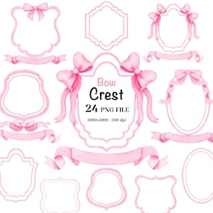 May include: A set of 24 pink watercolour bow and crest frames. The frames are ideal for adding a touch of elegance to your designs. The frames are 3000x3000 pixels and 300 dpi.