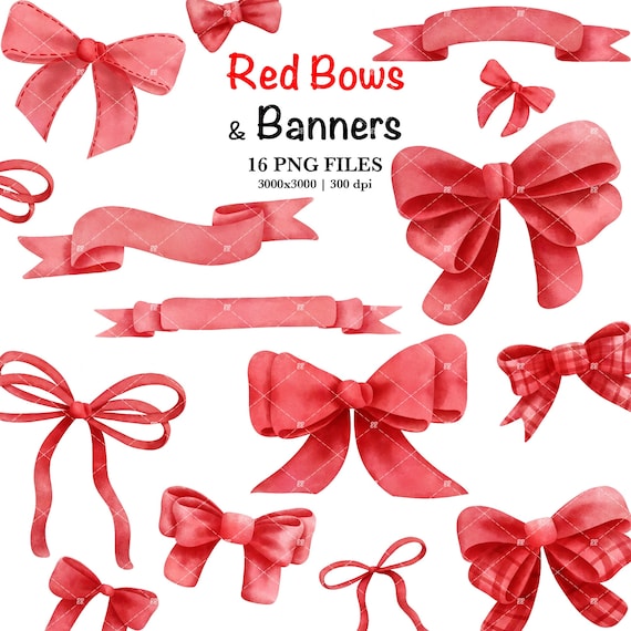 Watercolor Red Ribbon Banners And Bows Clipart,Valentine's Day Bows,Hand Painted Bow PNG,Wedding Invitations,Digital Download