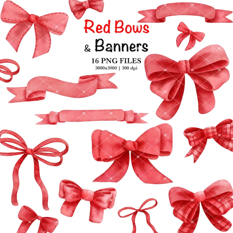 Watercolor red ribbon banners and bows clipart, high quality png files with hand painted bow and banner for Valentines Day, Mothers Day gifts, Baby shower for boys and girls, Card making, Junk journals, Nursery wall art and more