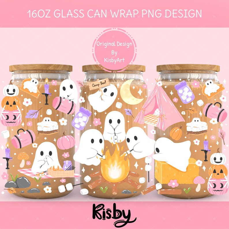 Ghost camping glass can wrap design for spooky tumbler sublimation