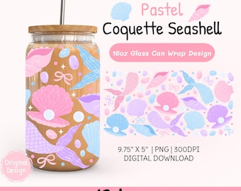 Pastel Coquette Seashells 16oz Glass Can Wrap PNG, Coastal Bow Sea Glass Tumbler Design, Girly Beach Summer Sublimation Wrap