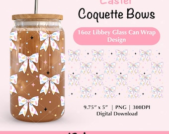 Lazos de Pascua Coquette, envoltura de vidrio para latas de Libbey de 16 oz, diseño PNG, envoltura Coquette Libbey, diseño Dtf UV, lazos de primavera para latas de cerveza