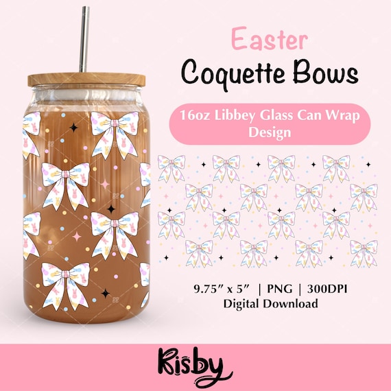 Coquette Easter Bows 16oz Libbey Glass Can Wrap PNG Design, Coquette Libbey Wrap Uv Dtf Design, Spring Bows Beer Can Glass