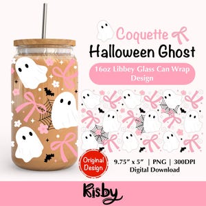 Halloween Ghost Coquette Bow 16Oz Libbey Glass Can Wrap PNG Design Pink Coquette Halloween Iced Coffee Glass Cup Png Spooky Tumbler Wrap Png