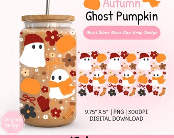 Autumn Cottagecore Ghost 16Oz Glass Can Wrap PNG, Cute Floral Ghost Tumbler Wrap, Cozy Fall Pumpkin Iced Coffee Cup Wrap, Spooky Season Wrap