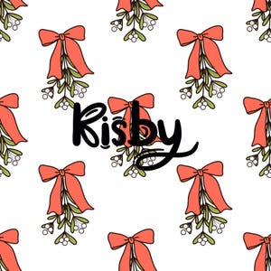 May include: A seamless pattern featuring a repeating design of mistletoe with red bows and the text "Kiss by". The mistletoe is green with white berries and the bows are a bright coral color.