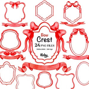 Red Christmas Coquette Ribbon Bow Crest Frames PNG Clipart, Preppy Grandmillenial Png, Hand Painted Banner, Wedding Monogram Png