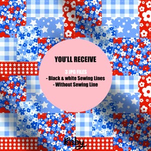 K&ouml;nnte beinhalten: Ein digitales Papierpaket mit drei verschiedenen Designs, die ein Patchworkmuster aus roten, wei&szlig;en und blauen Quadraten mit Sternen, Blumen und Gingham zeigen. Der Text "YOU'LL RECEIVE 3 JPG FILES - Black & white Sewing Lines - Without Sewing Line" wird auf einem rosa Kreis in der Mitte des Bildes angezeigt.