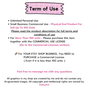 May include: A digital graphic with the text "Term of Use" in a pink banner. The text details usage rights, including personal and commercial use, and directs users to read the full terms. It also mentions commercial licenses for Etsy shop businesses.