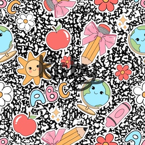 Może przedstawiać: Czarno-białe tło z kolorowymi naklejkami z kreskówek. Naklejki przedstawiają słońce, globus, jabłko, ołówek, kredkę i litery A, B i C.