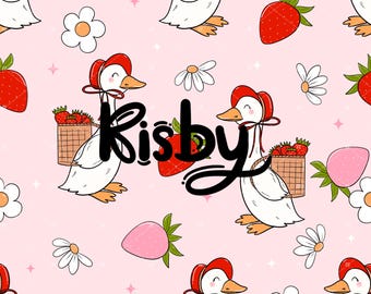 May include: A pink background with a repeating pattern of white geese wearing red hats, carrying baskets of strawberries, and white daisies. The text "Risby" is written in black cursive.