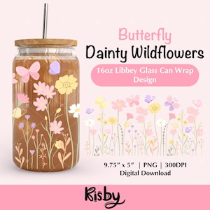 Schmetterling zierliche Wildblumen 16 Unze Libbey Glasdose PNG Design, Boho Frühling Floral Cup Wrap Png UV DTF Design, Wildblumen Kaffeetasse