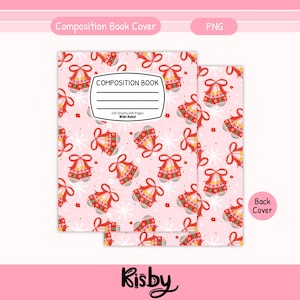 Op de afbeelding: Roze compositieboekomslag met een herhalend patroon van rode bellen en sneeuwvlokken. De omslag bevat de tekst "COMPOSITION BOOK" en "100 Sheets-200 Pages Wide Ruled". De achterkant is ook zichtbaar.