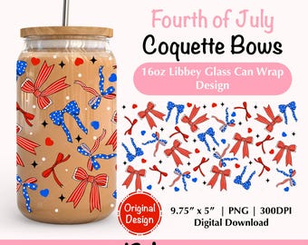 Patriotic Coquette Bows 16 Oz Libbey Glass Can Wrap PNG Design Coquette 4th Of July Beer Can Glass Cup Png Holiday Coffee Wrap UV DTF Design