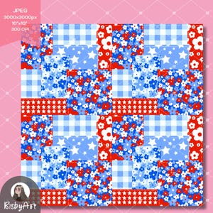 Preppy summer patchwork design with bold florals and Independence Day colors