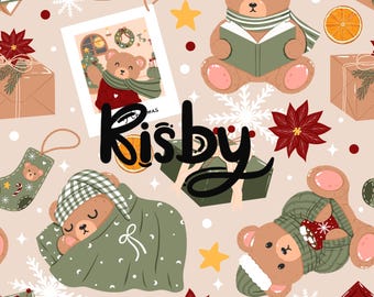May include: A festive pattern with cartoon teddy bears in winter clothes, surrounded by snowflakes, stars, and poinsettias. The design includes the word "Risby" and images of gifts and oranges, set against a light beige backdrop.