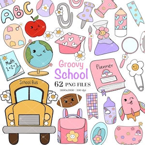 Groovy Schule Clipart Bildung Clipart Schulbus Clipart Retro Lehrer Png Zurück zu Schulbedarf Clipart Bundle digitaler Download