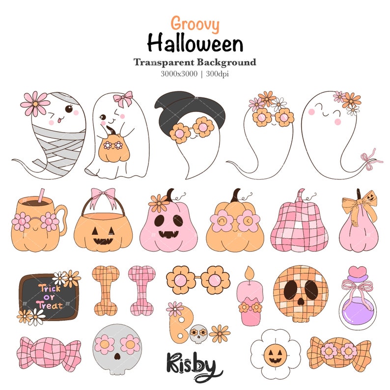 Groovy Halloween Clipart Girly Preppy Halloween Spöke Png Retro Höst Pumpa Rosett Png Spooky Säsong Png Halloween Gåva Digital Nedladdning bild 2