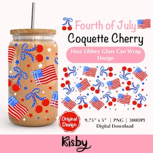Patriotic Coquette Cherry Bow 16Oz Libbey Glass Can Wrap PNG Design, Preppy American Flag Iced Coffee Glass Wrap,  4th of July Cup Wrap