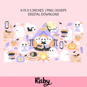 Halloween bookish cup wrap design with cozy ghost camping and reading books illustration under the full moon for spooky iced coffee cups