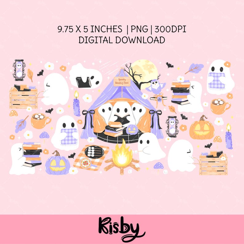 Halloween bookish cup wrap design with cozy ghost camping and reading books illustration under the full moon for spooky iced coffee cups