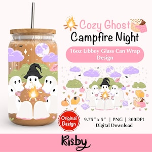 Ghost Campfire Libbey Glass Can Wrap PNG, Witchy Halloween Tumbler Sublimation, Spooky Fall Picnic Iced Coffee Cup Wrap Design